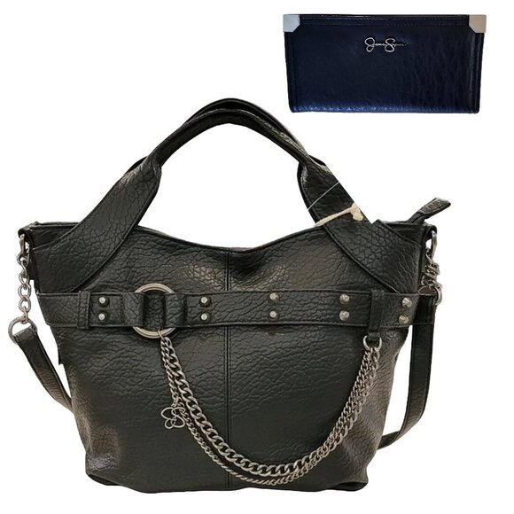 Jessica Simpson Handbags - NWT JESSICA SIMPSON Black Faux Leather Satchel Crossbody + Wallet Studded Chain